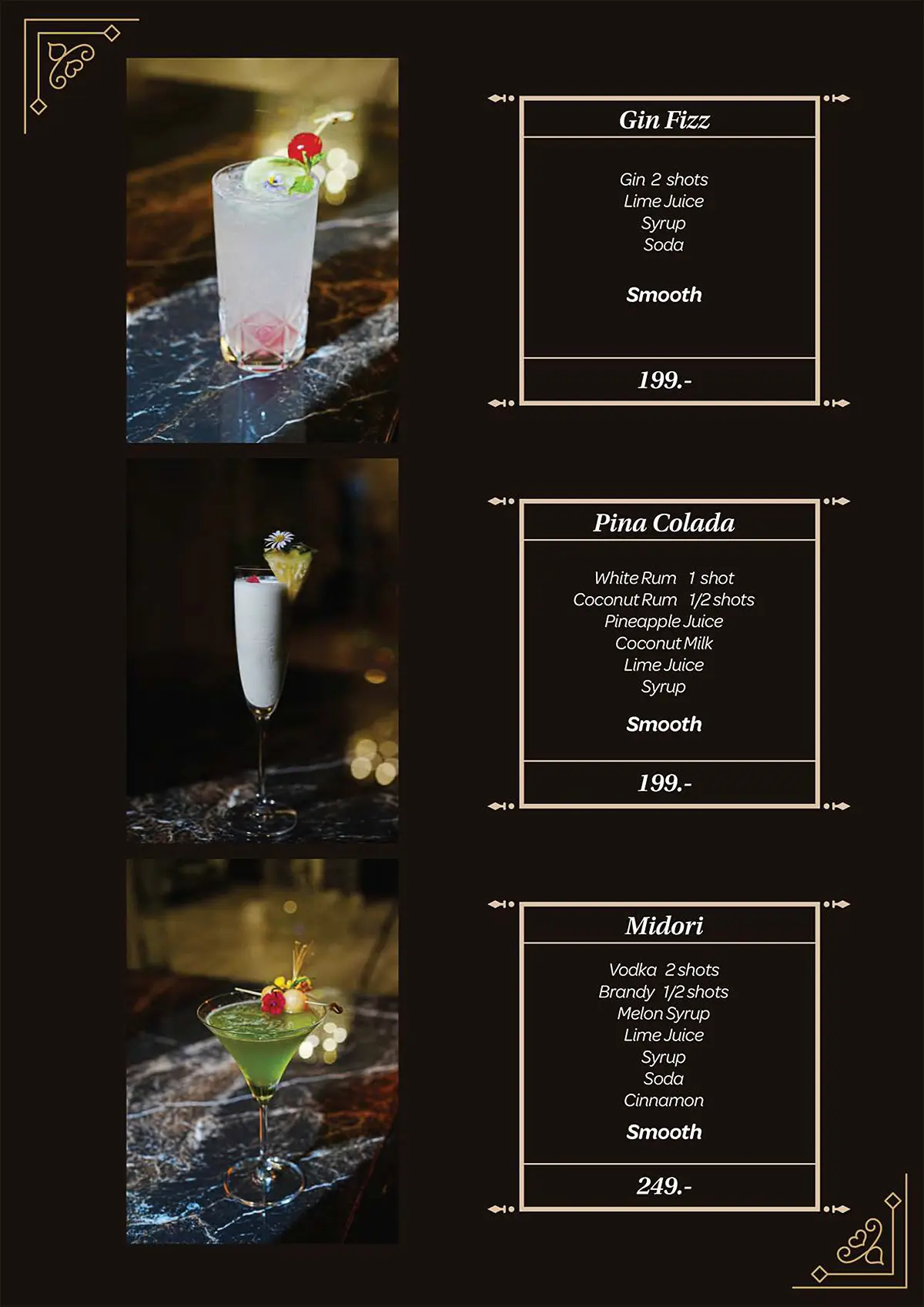 Gin Fizz, Pina Colada and Midori Cocktails
